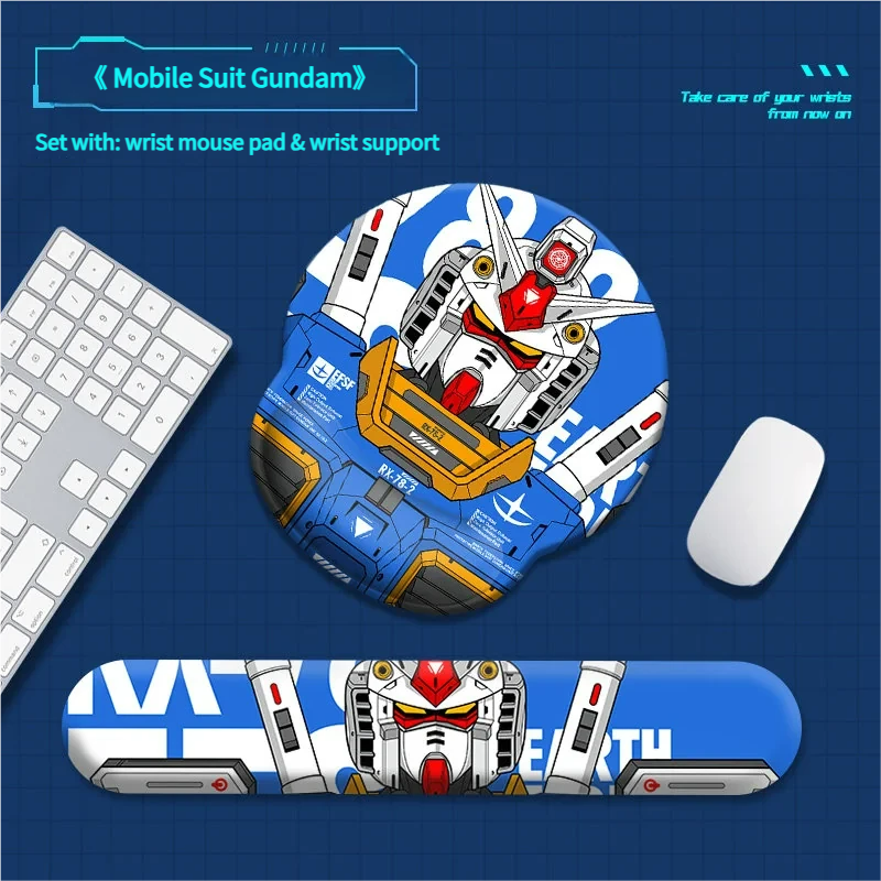 Vibrant Gundam ergonomic wrist rest and Wrist pad support, showcasing detailed iconic mobile suit designs from multiple angles for ultimate comfort.