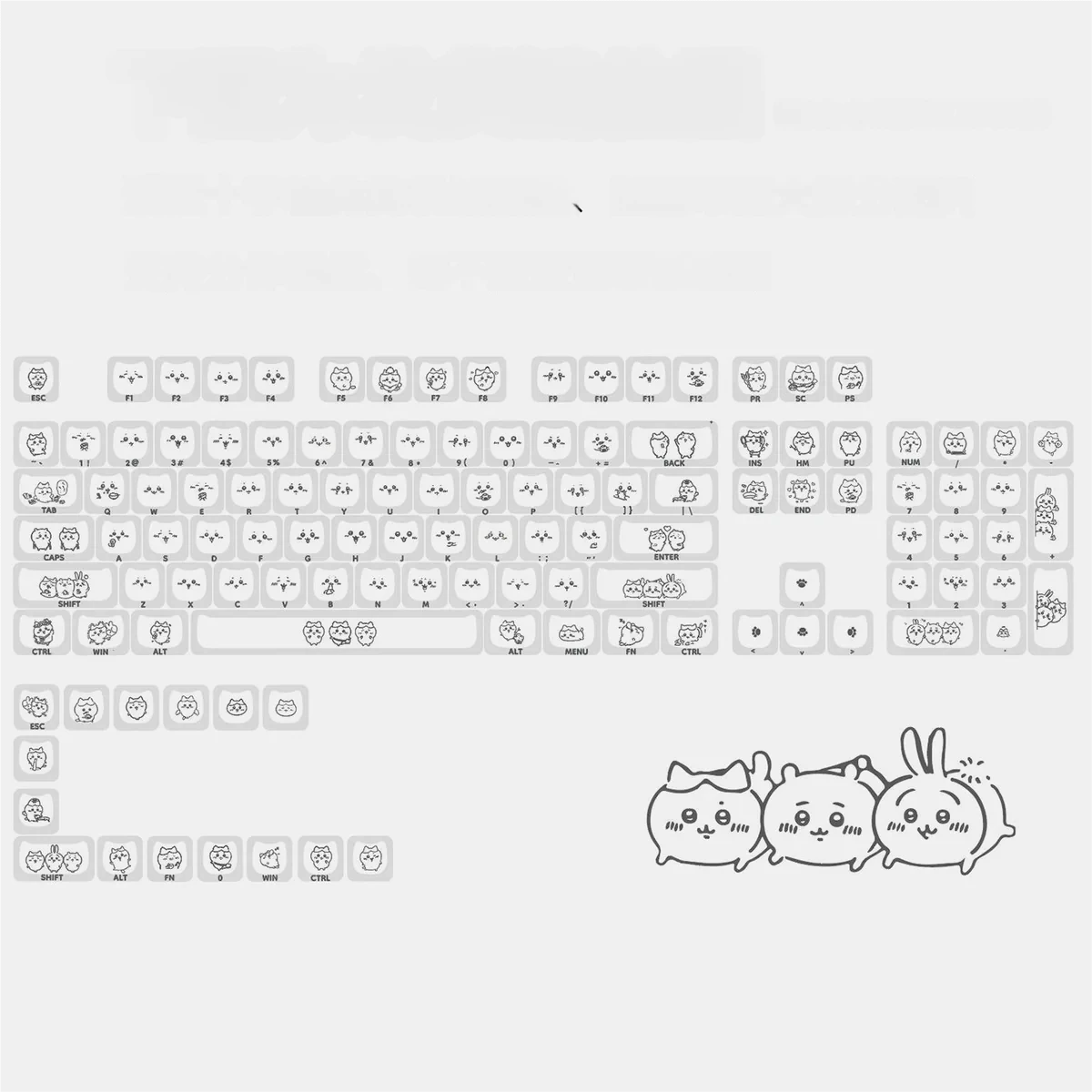 Playful Hachiware Crystal Jelly Keycaps Set displayed from various perspectives, revealing their charming translucent glow and crisp side-printed.