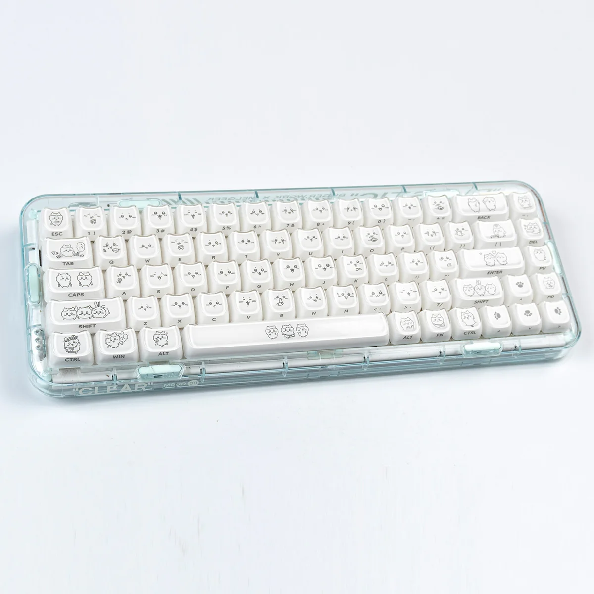 Multiple views of the Hachiware Crystal Jelly Keycap Set, highlighting their charming translucent 'jelly' glow and clean side-printed legends.