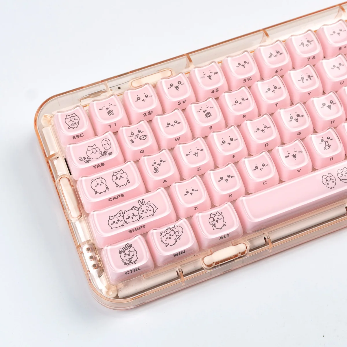 A gallery of Hachiware Crystal Jelly Keycaps Set, showcasing their translucent glow, charming design, and clean side-printed legends from various angles.