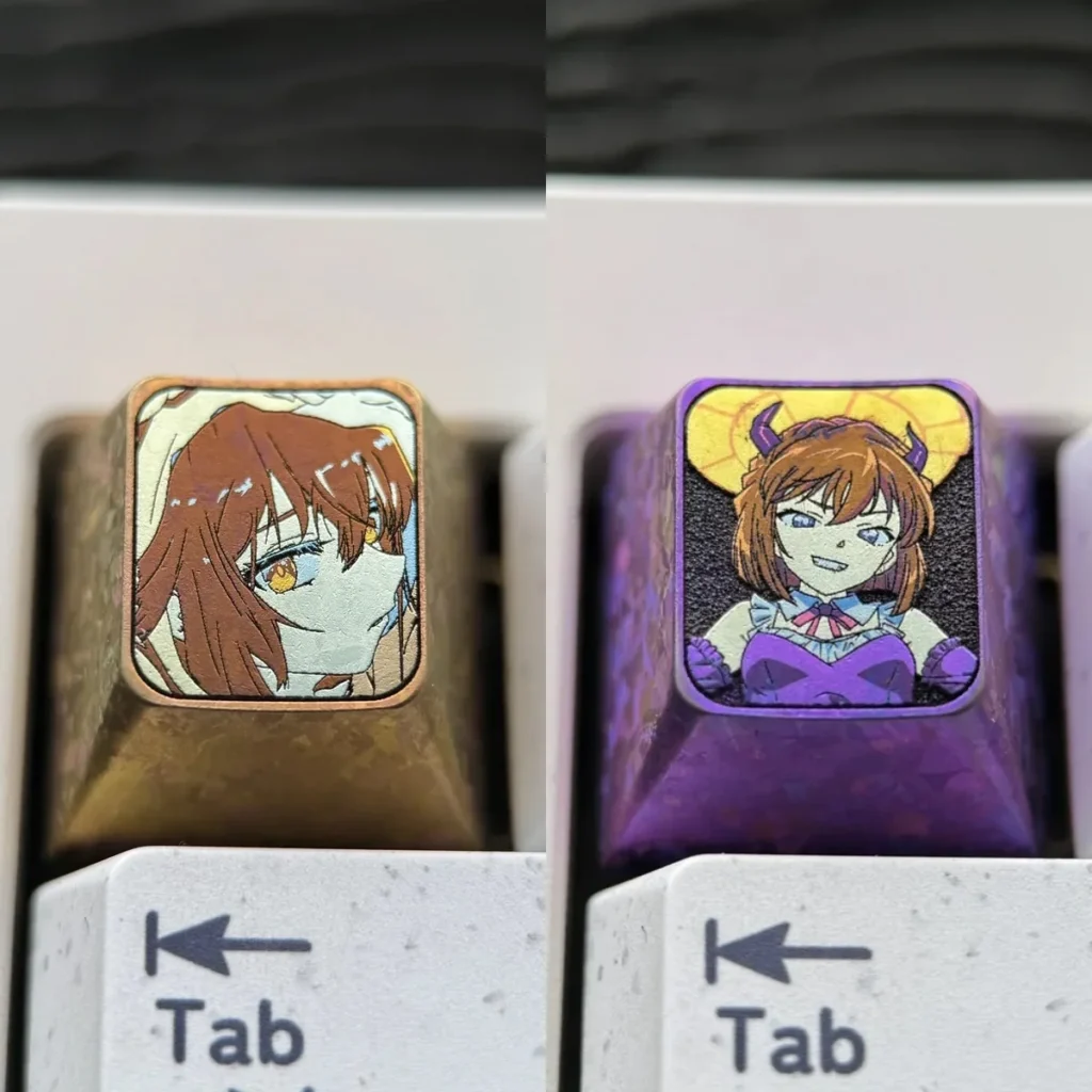 Custom Haibara Ai metal keycap for ESC, showcasing intricate character etching and a sleek polished finish.
