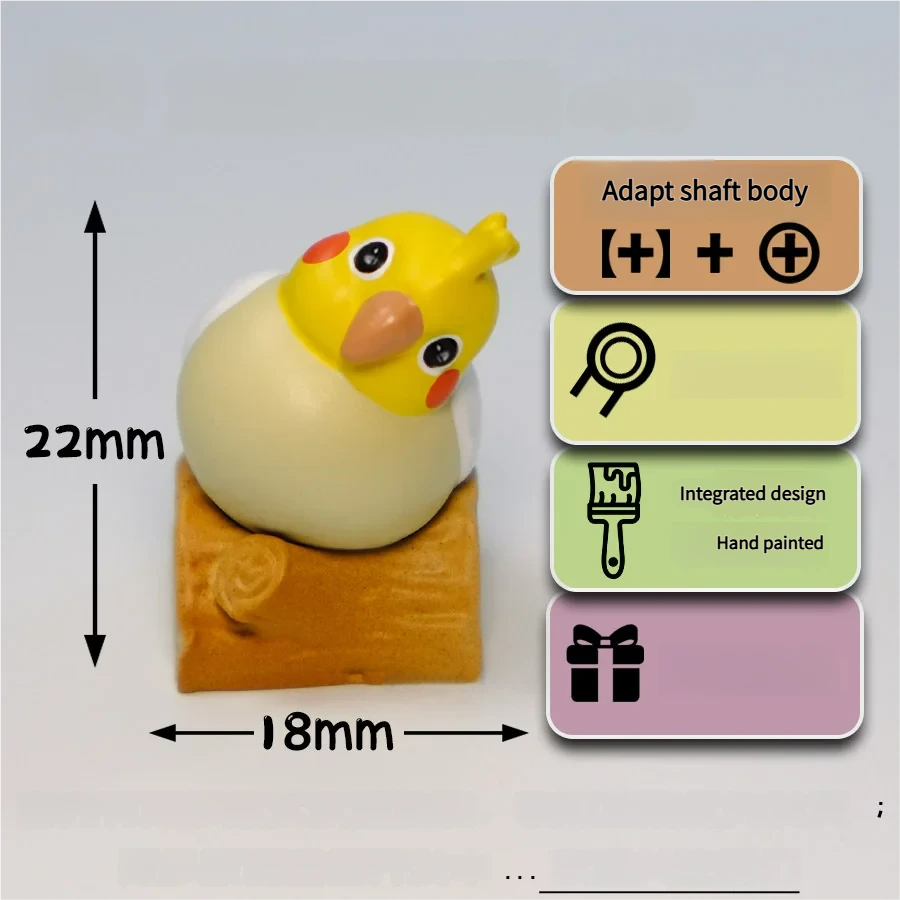 Handcrafted 3D cockatiel artisan keycap. Vibrant bird on wooden stump, grass, peonies. Multiple angles show intricate artistic details.