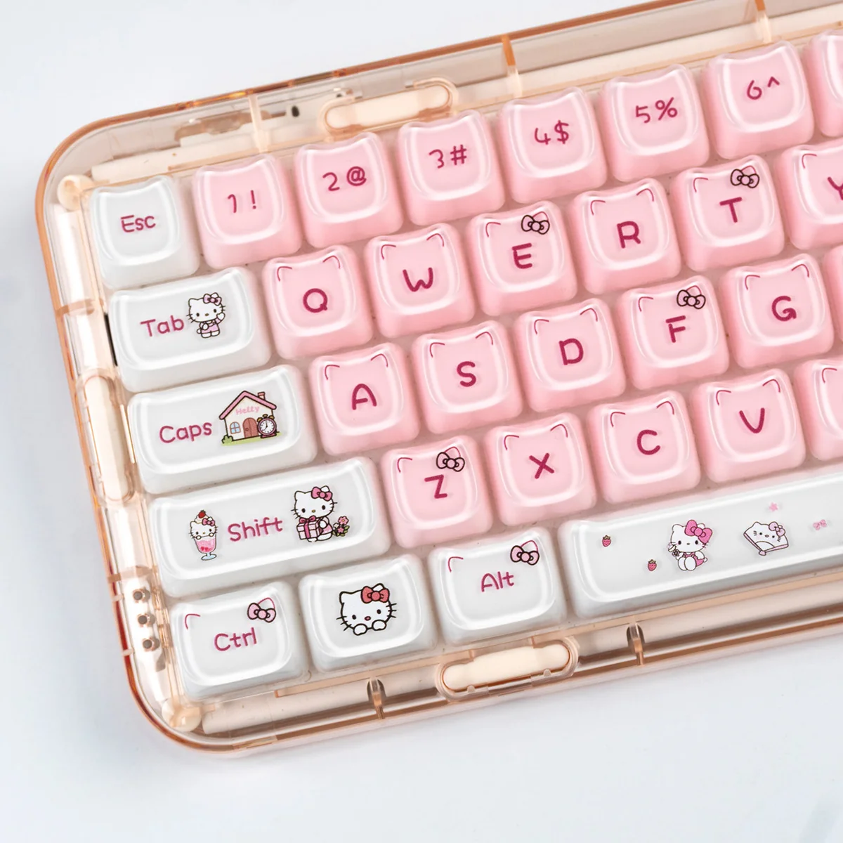 Hello Kitty Crystal Jelly Keycap Set, shown from diverse angles to reveal its iconic translucent design and vibrant RGB-ready charm.
