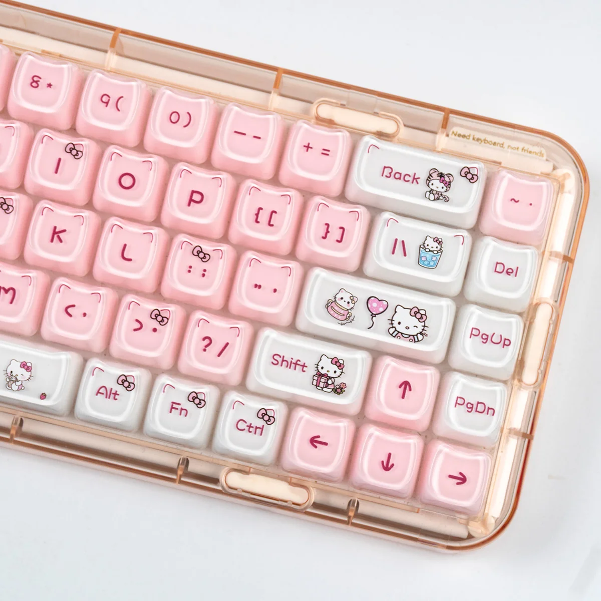 Iconic Hello Kitty crystal jelly keycap set, showcased from various angles, highlighting its translucent design, magnetic compatibility, and vibrant design.