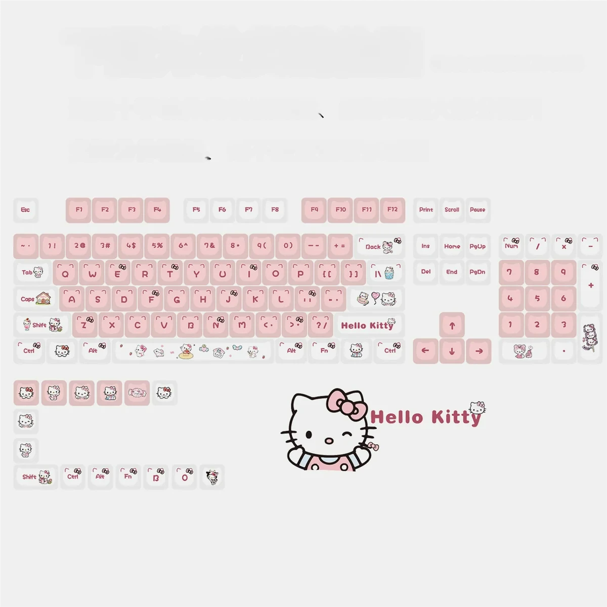 Detailed gallery views of the iconic Hello Kitty crystal jelly keycap set, highlighting its translucent design and vibrant RGB-ready aesthetic.