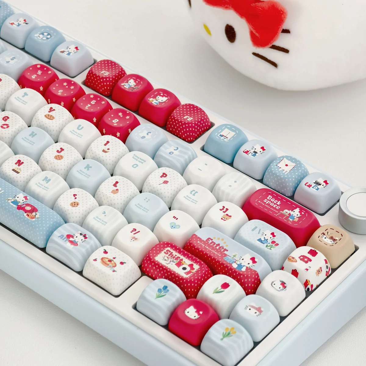 Premium Hello Kitty PBT keycap set, designed for a unique and whimsical keyboard transformation.