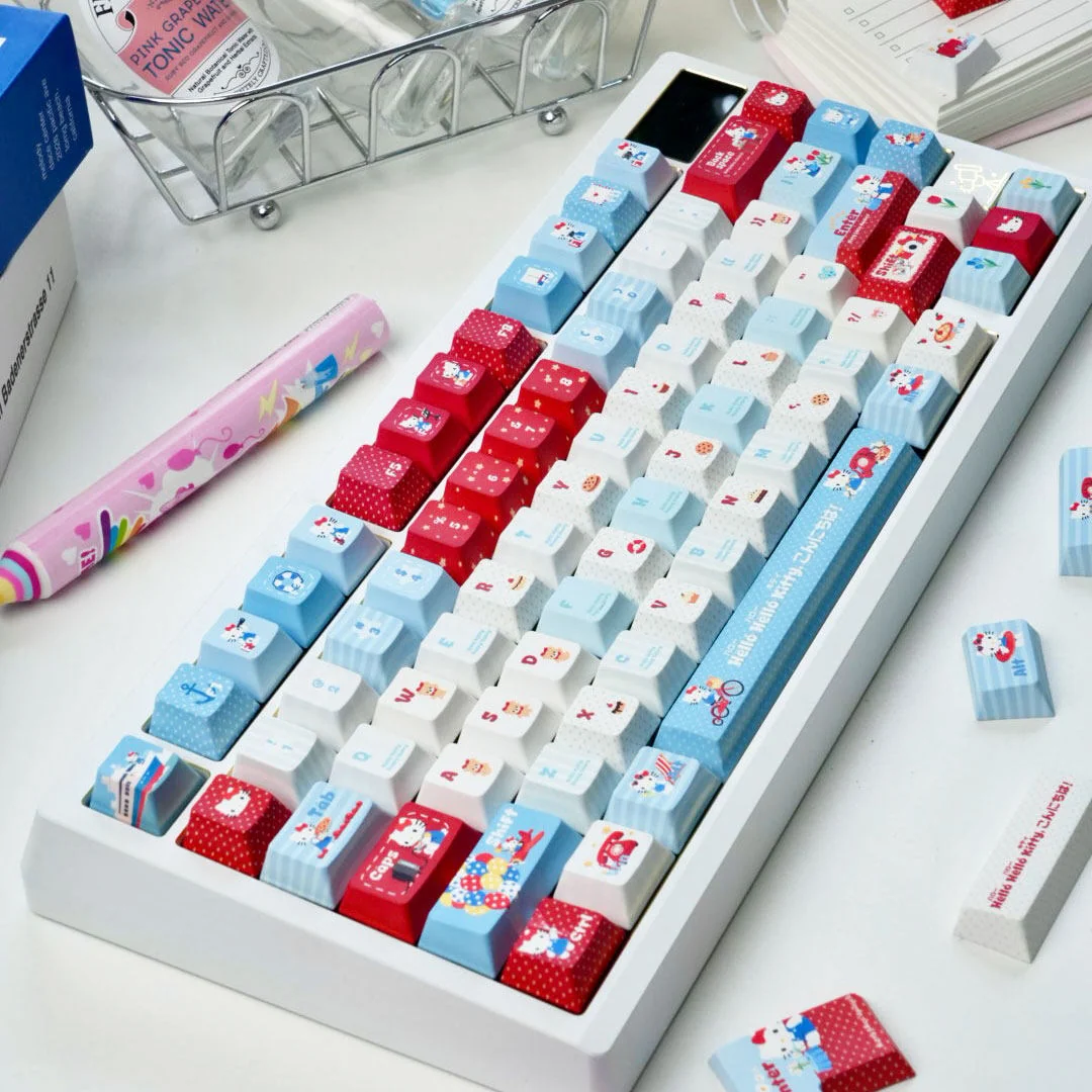 Collection of Hello Kitty themed mechanical keyboard caps, featuring a delightful happy travel diary aesthetic.