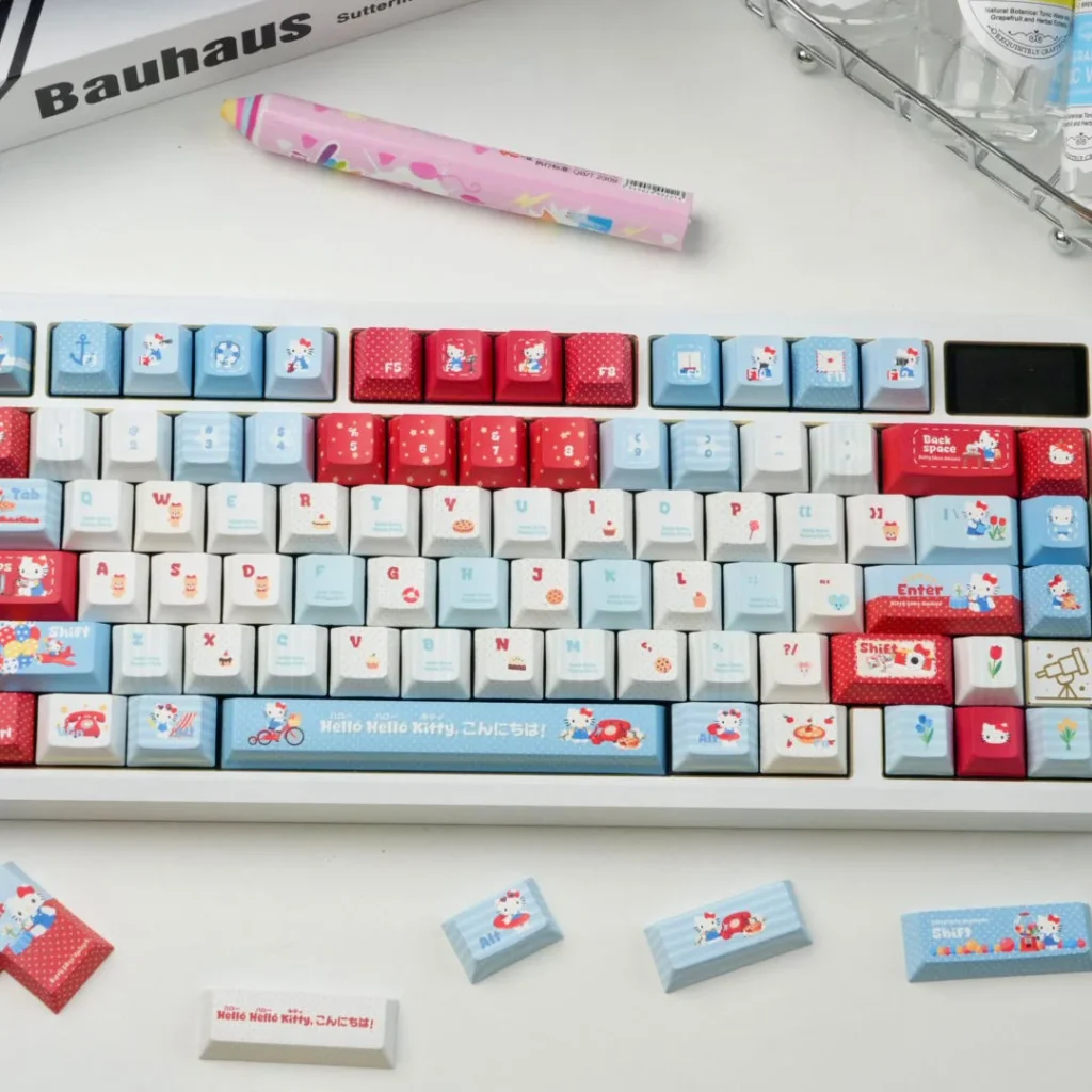 Hello Kitty custom PBT keycaps for mechanical keyboards, featuring pastel travel diary designs.