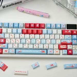 Hello Kitty custom PBT keycaps for mechanical keyboards, featuring pastel travel diary designs.