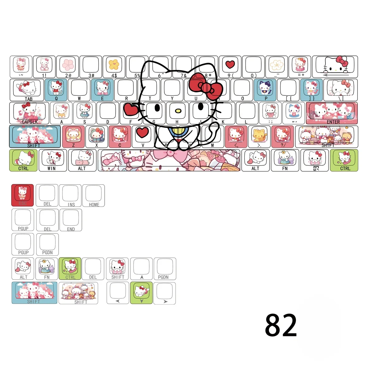 Iconic Hello Kitty PBT side-lit keycaps set in a playful display, showcasing durable texture and vibrant side-printed legends from multiple angles.