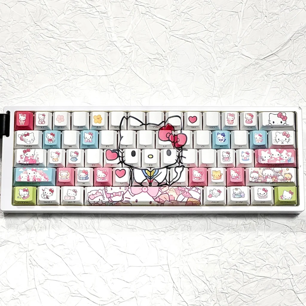 Vibrant Hello Kitty PBT side-lit keycaps set, featuring clean side-printed legends and iconic playful designs, perfect for RGB keyboards.