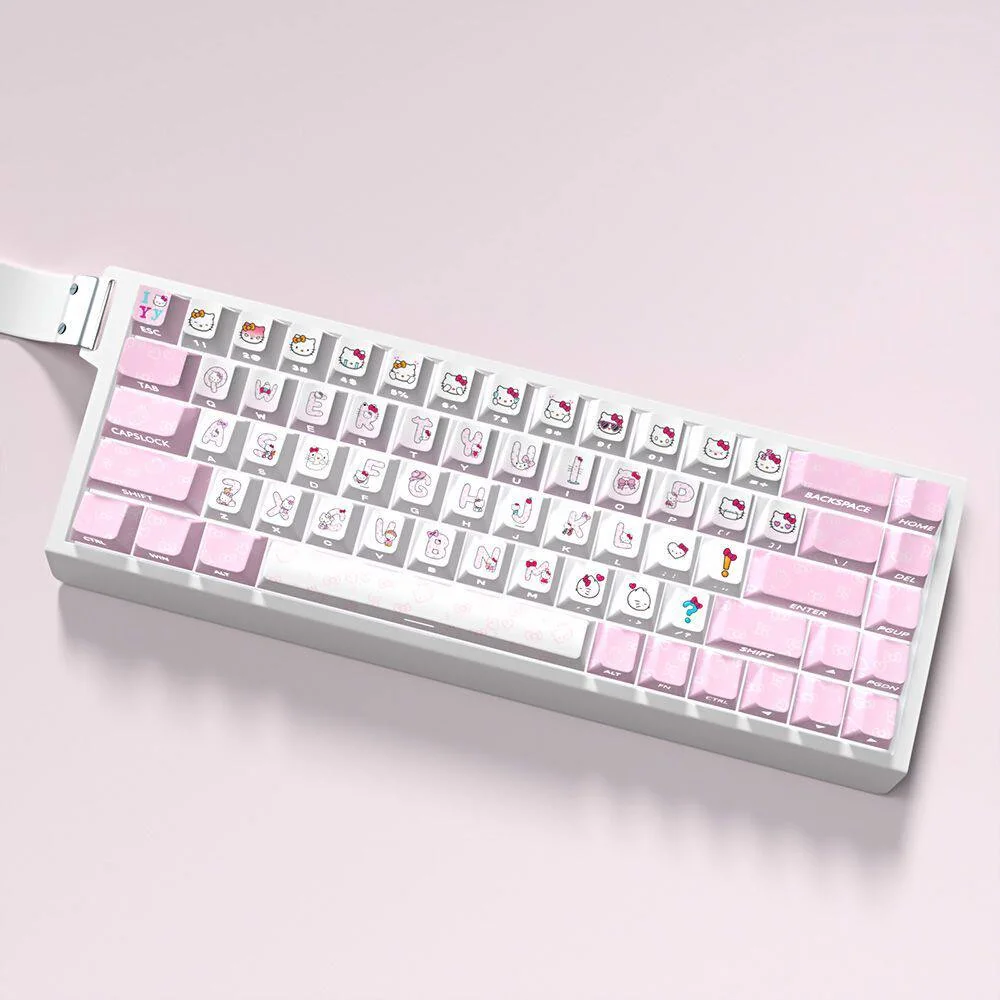 Playful Hello Kitty pink PBT keycaps set, featuring iconic characters and bright side-lit legends viewed from various angles.