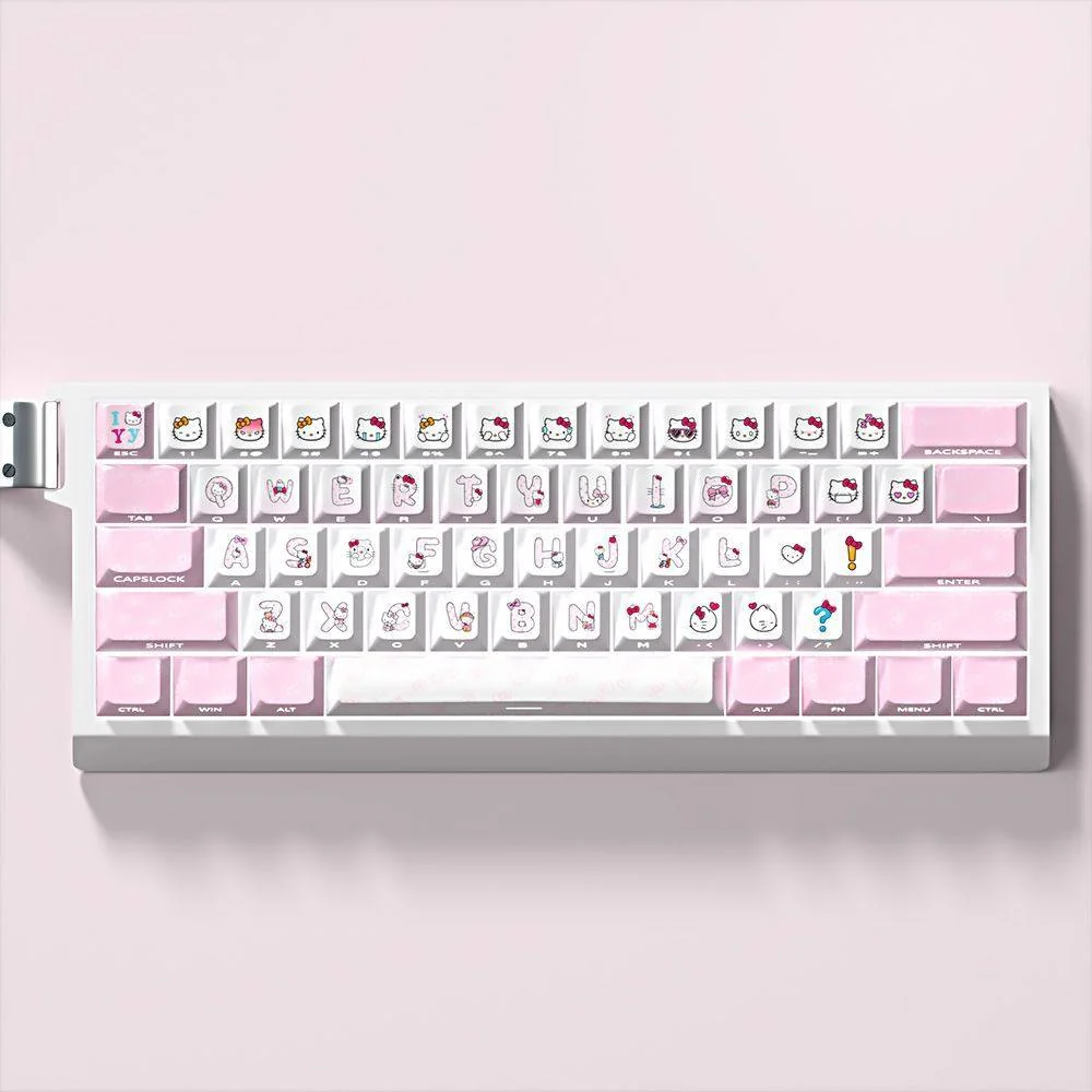 A collection of vibrant pink Hello Kitty PBT side-lit keycaps set, displayed from various angles to highlight their iconic design and RGB compatibility.