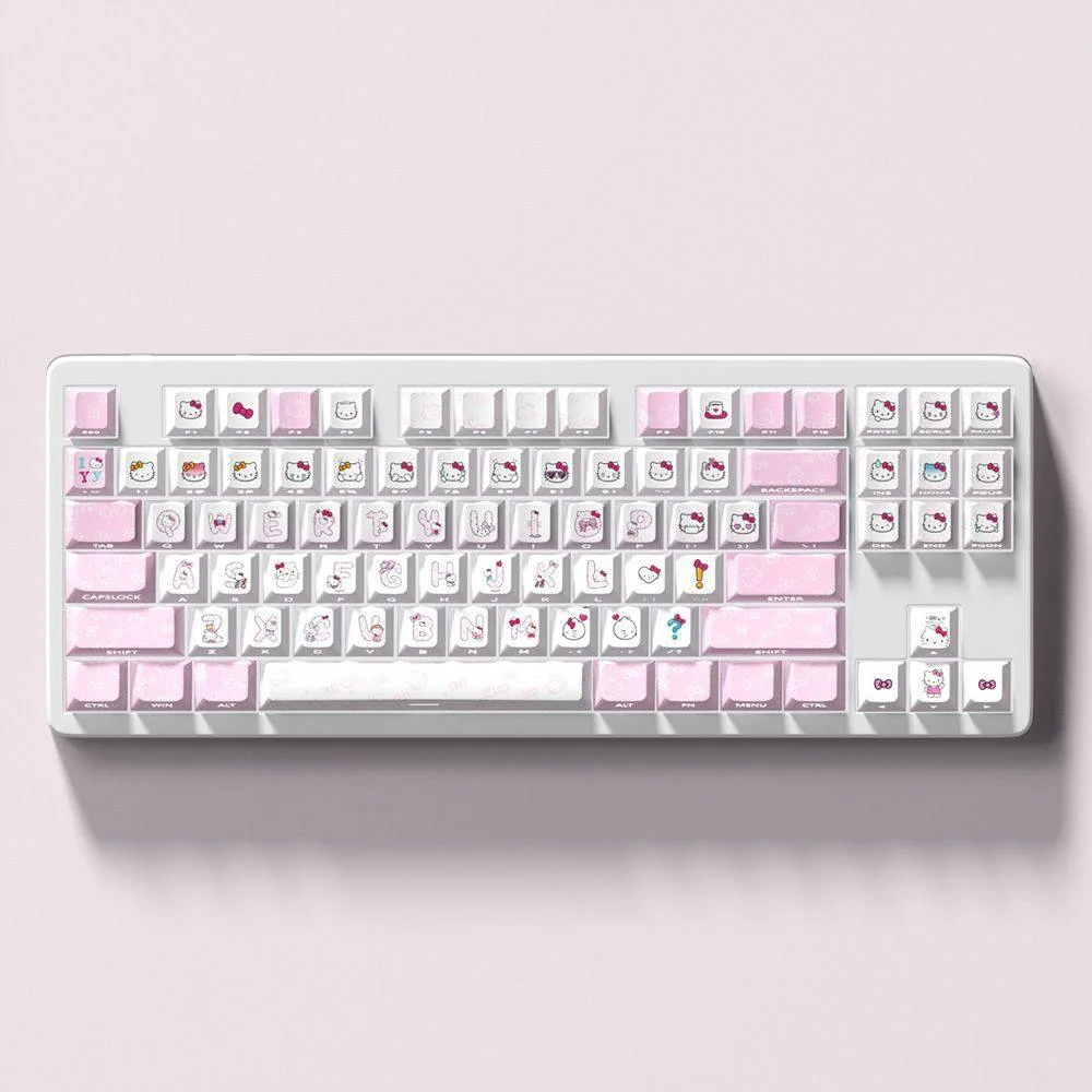 Playful close-up of durable pink PBT Hello Kitty side-lit keycaps set, showcasing the iconic character and vibrant legends from a unique angle.