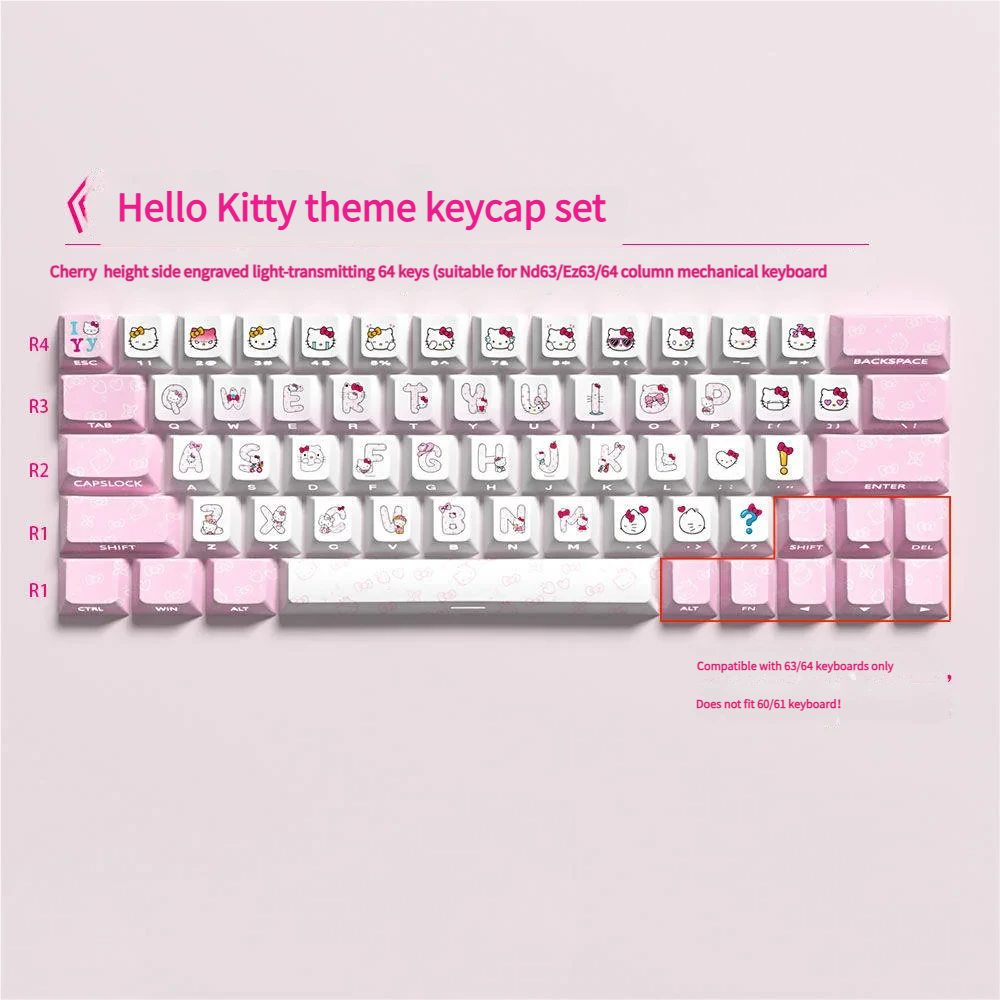 Vibrant pink Hello Kitty 64-key PBT keycap set with side-lit legends, perfect for a playful RGB mechanical keyboard setup.