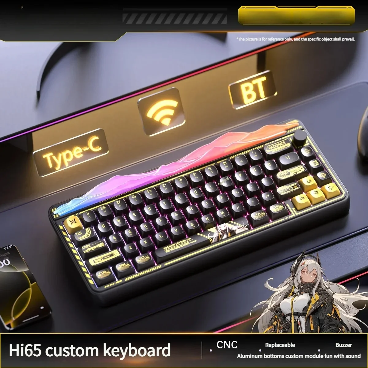 Elegant obsidian black Hi65 65% mechanical keyboard with sophisticated gold accents, featuring premium switches.