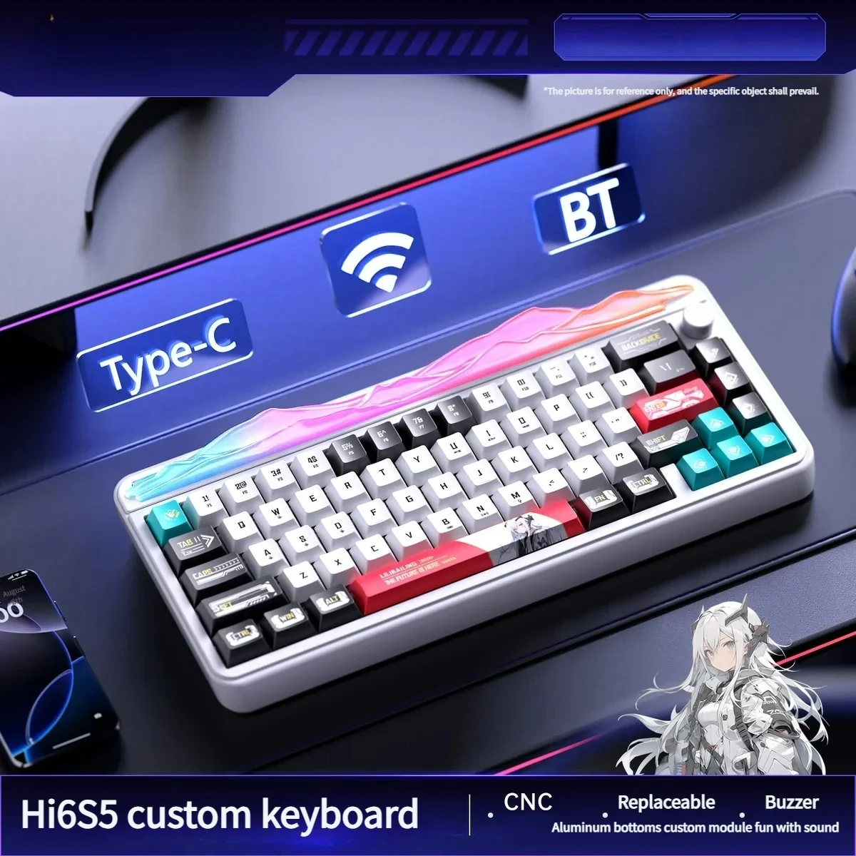 Elegant Hi65 65% mechanical keyboard in pristine Snowfield White, featuring Lily-themed keycaps and smooth premium Jade Axis switches for a sophicated touch.