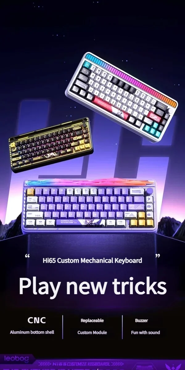 Hi65 elegant tri-mode 65% mechanical keyboard gallery displaying its sleek, compact design, vibrant RGB, and premium switches from multiple view.