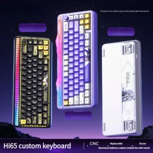 Hi65 elegant 65% mechanical keyboard featuring its sleek design, vibrant RGB, compact build, and premium LEOBOG switches for versatile connection.