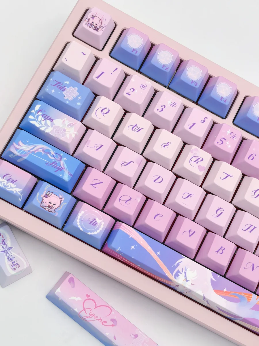 Honkai Star Rail Cyrene keycaps set product gallery, displaying multiple angles. Features exclusive futuristic elegance, intricate sci-fi motifs, and premium design.