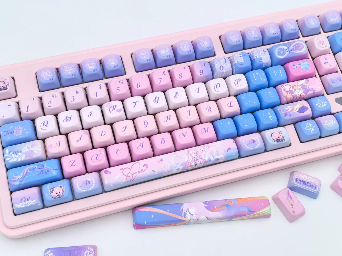 Honkai Star Rail Cyrene keycaps set gallery, showcasing their serene elegance, futuristic design, and character-specific colors. Exclusive gaming keycap set.
