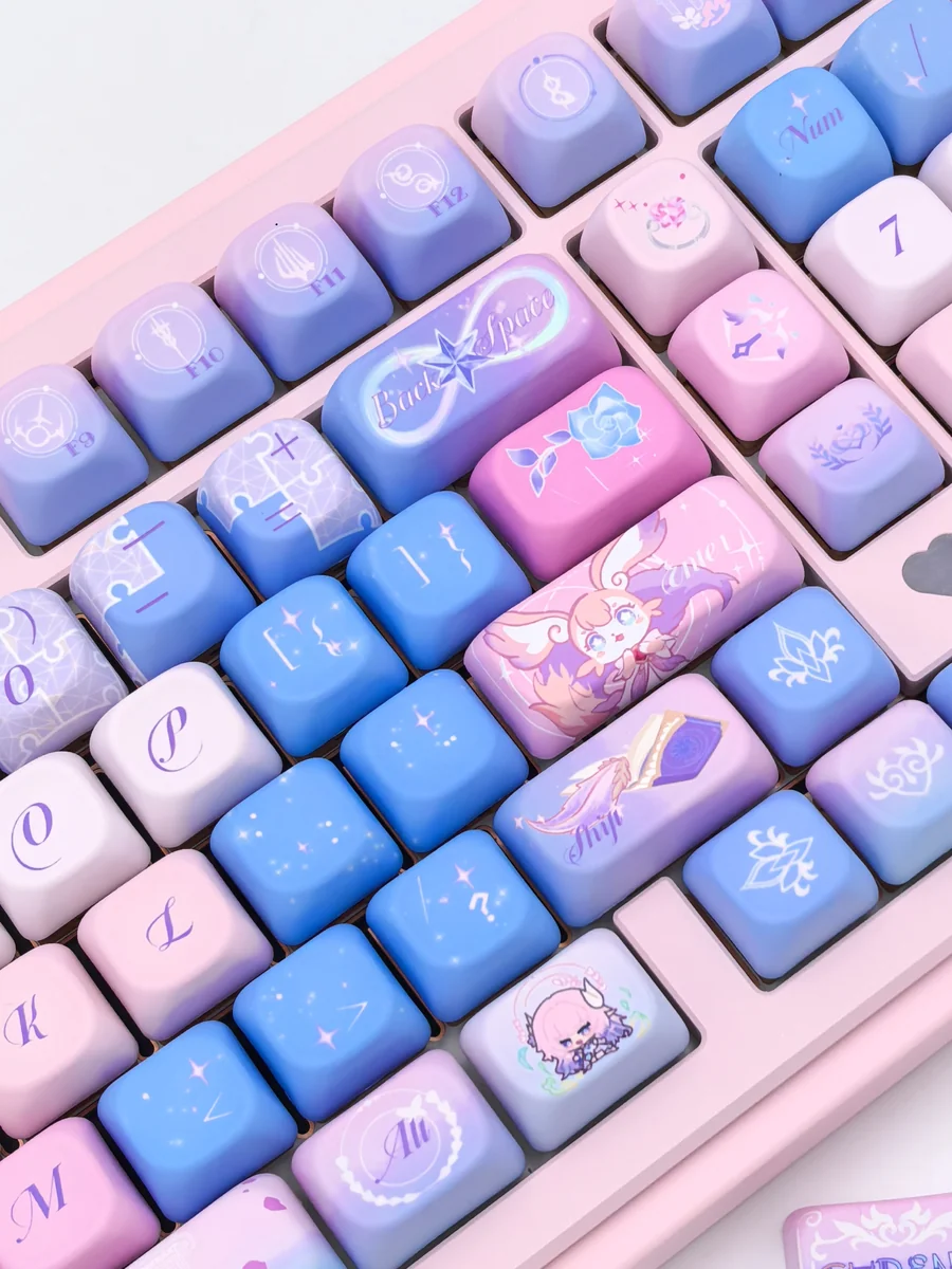 Honkai Star Rail Cyrene keycaps set gallery, revealing their serene elegance, futuristic sci-fi motifs, and exclusive character-specific colors from various angles.