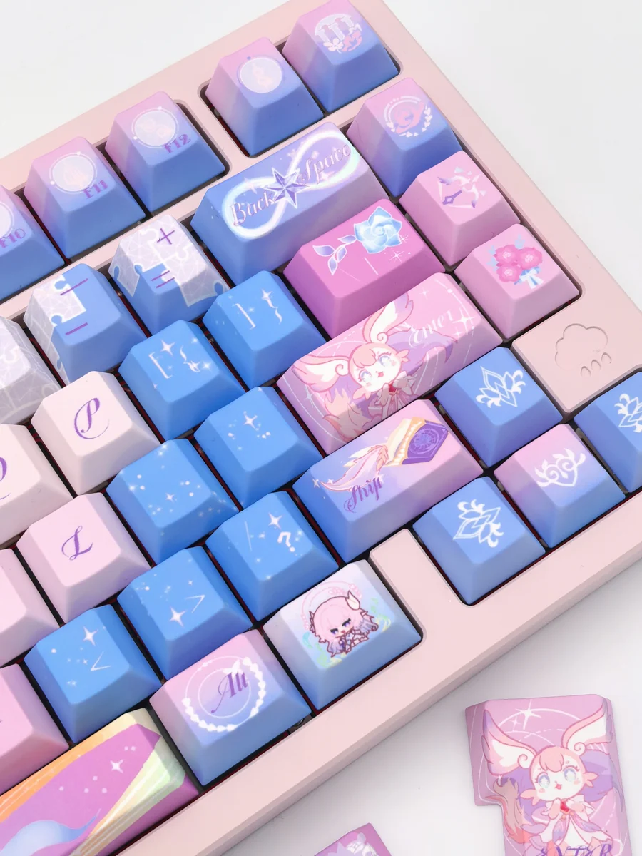 Close-up of an exclusive Honkai Star Rail Cyrene keycap set, highlighting its serene elegance, futuristic sci-fi motifs, and character-inspired colors.