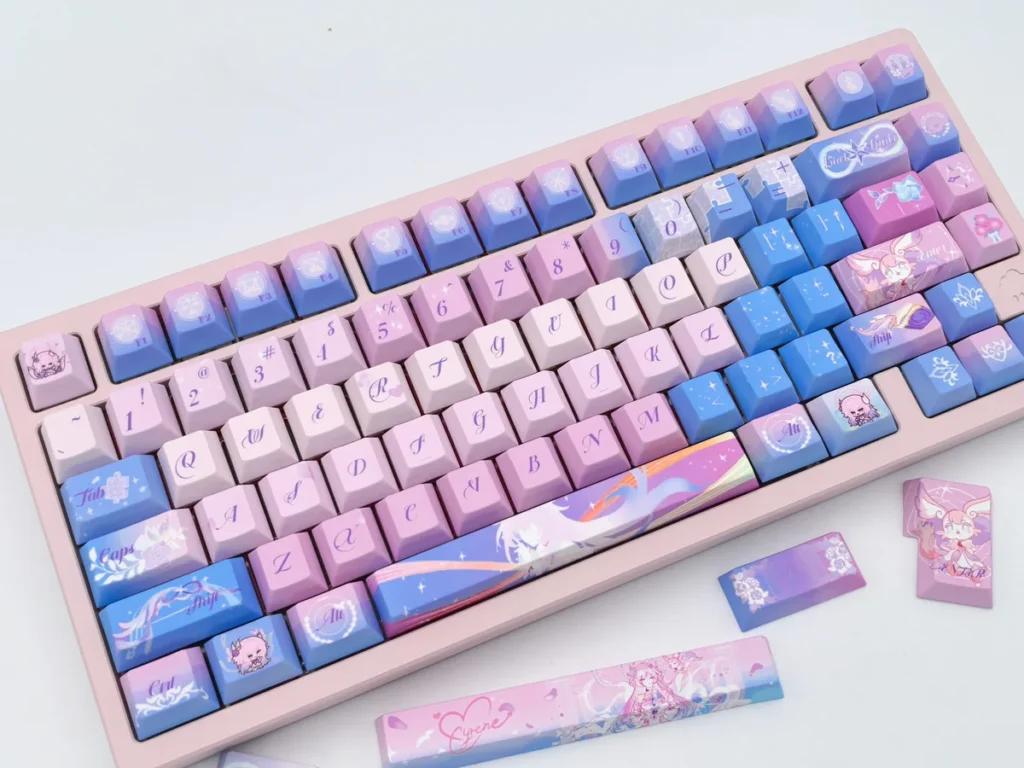 Exclusive Honkai Star Rail Cyrene keycaps set on main display, featuring futuristic elegance and character-specific sci-fi designs.