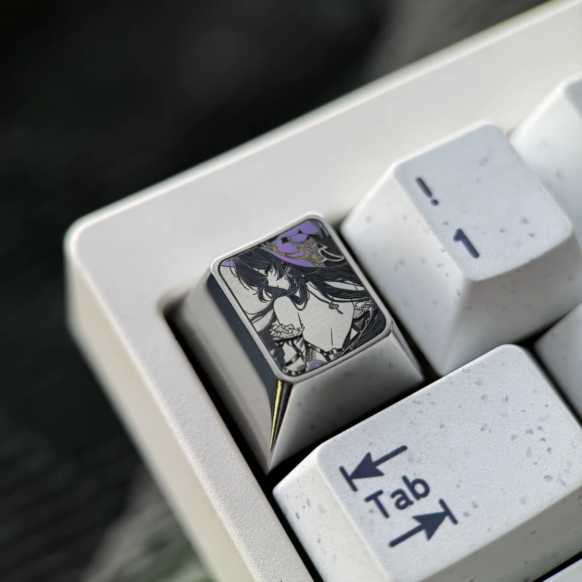 Gallery of the titanium custom keycap, featuring Herta from Honkai Star Rail, with various perspectives on its artisan quality.