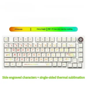 Interstellar Keycaps set, side-engraved translucent PBT, glow with deep cosmic blues, creating a futuristic celestial backlit aesthetic.