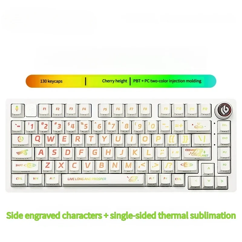 Interstellar Keycaps set, side-engraved translucent PBT, glow with deep cosmic blues, creating a futuristic celestial backlit aesthetic.