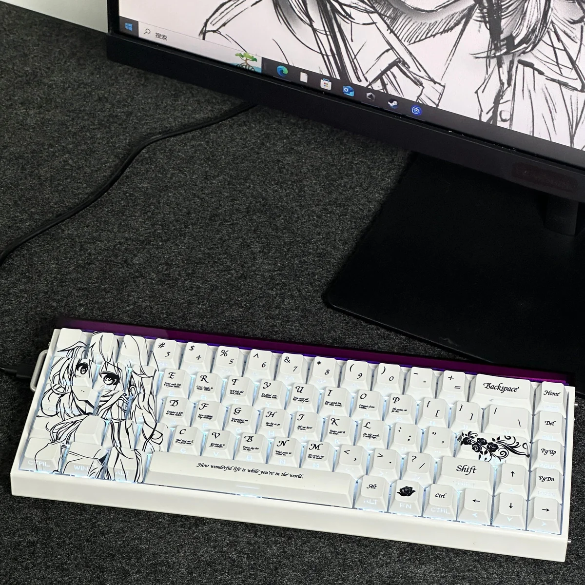 Isabelle Keycaps PBT set, artfully showcased from multiple perspectives. Elegant original character art with subtle side-printed RGB backlighting.