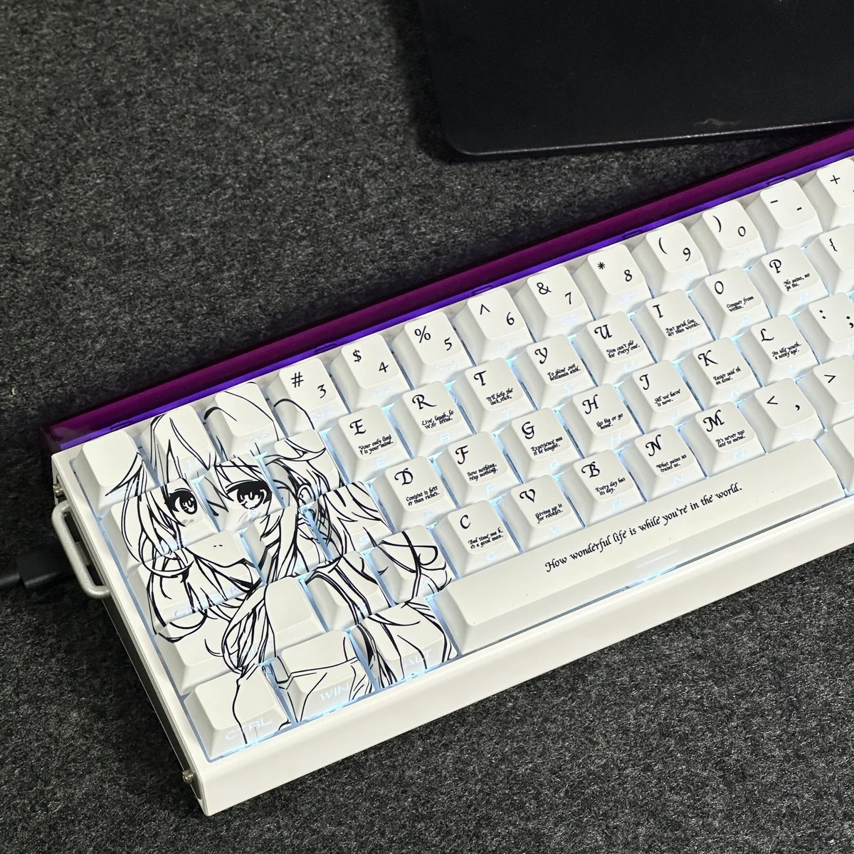 Isabelle Keycaps Set gallery: elegant side-printed RGB PBT set with original character art, seen from multiple angles, showcasing subtle backlighting.