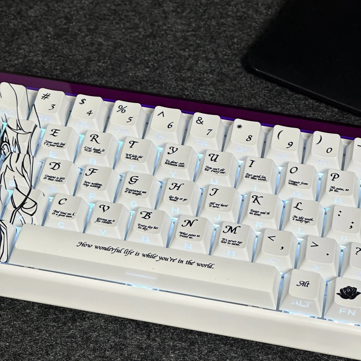 Artistic gallery of Isabelle Keycaps Set, showcasing the elegant side-printed RGB PBT set from various angles. Features unique original character art.