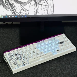 Elegant Isabelle Keycap Set, featuring unique original character art on side-printed RGB PBT keycaps, subtly illuminated with modern backlighting.
