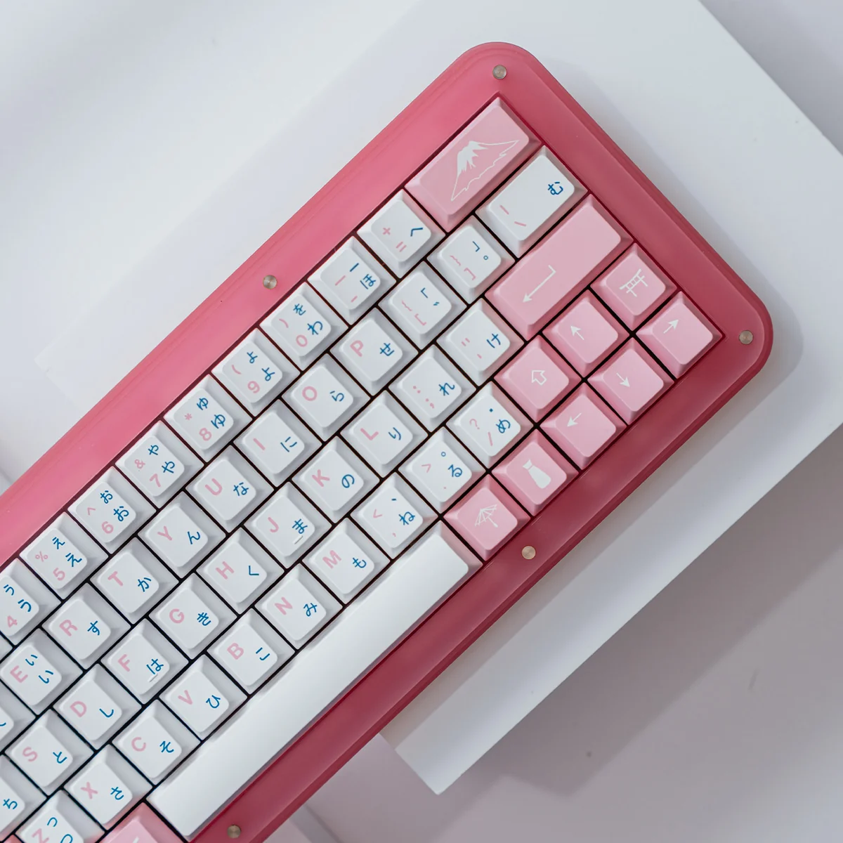 Premium PBT Sakura keycaps set, showcasing the durable dye-sublimated Japanese cherry blossom motif from a unique side angle, in soft pink and white.