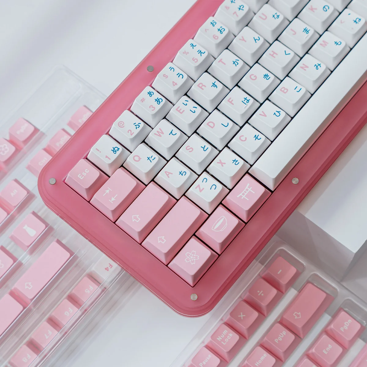 Elegant PBT Sakura dye-sub keycaps set, showcasing delicate pink cherry blossoms from multiple angles. Durable and premium quality.