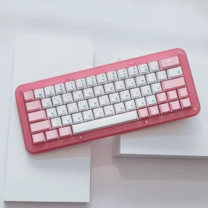 Elegant Sakura PBT dye-sublimated keycaps set, showcasing durable PBT and delicate pink cherry blossoms against a clean white background.