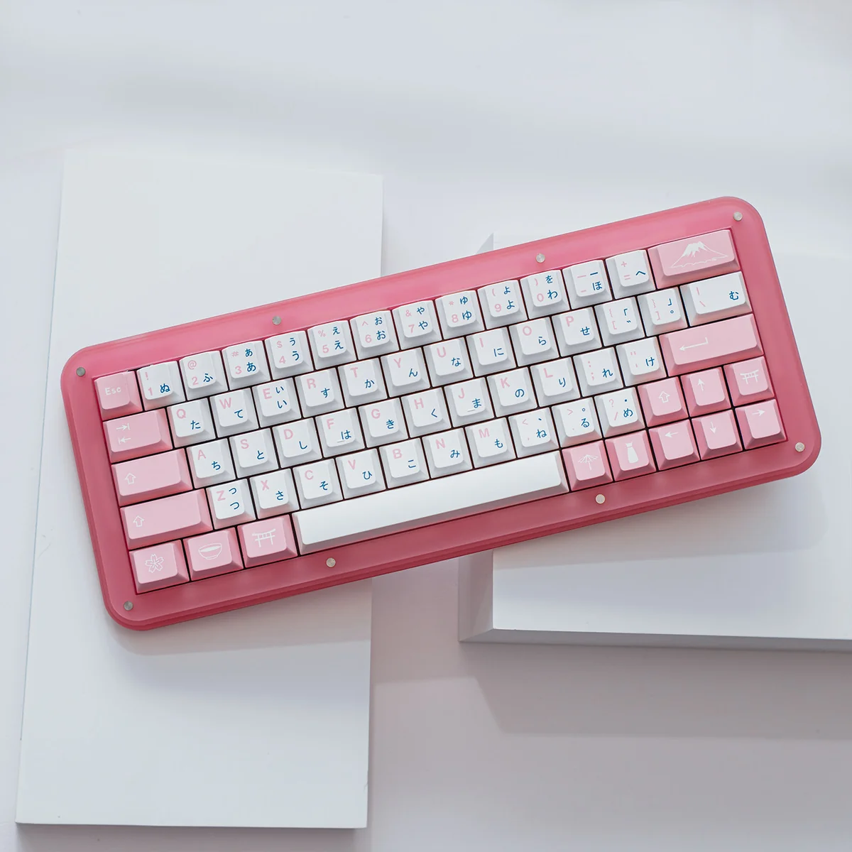 Elegant Sakura PBT dye-sublimated keycaps set, showcasing durable PBT and delicate pink cherry blossoms against a clean white background.