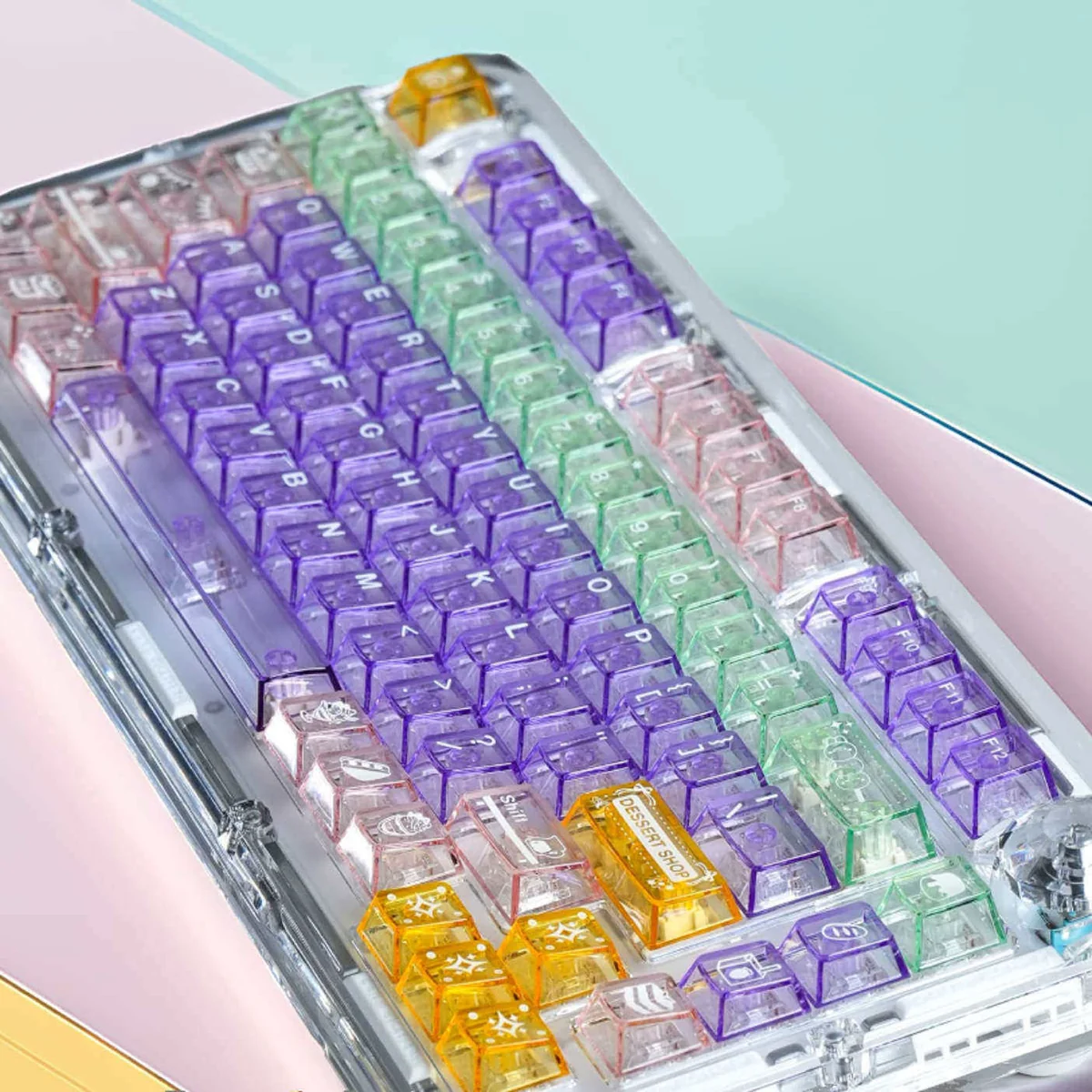 A playful collection of vibrant, translucent jelly dessert RGB keycaps set shown from various angles, highlighting their unique, sweet aesthetic.