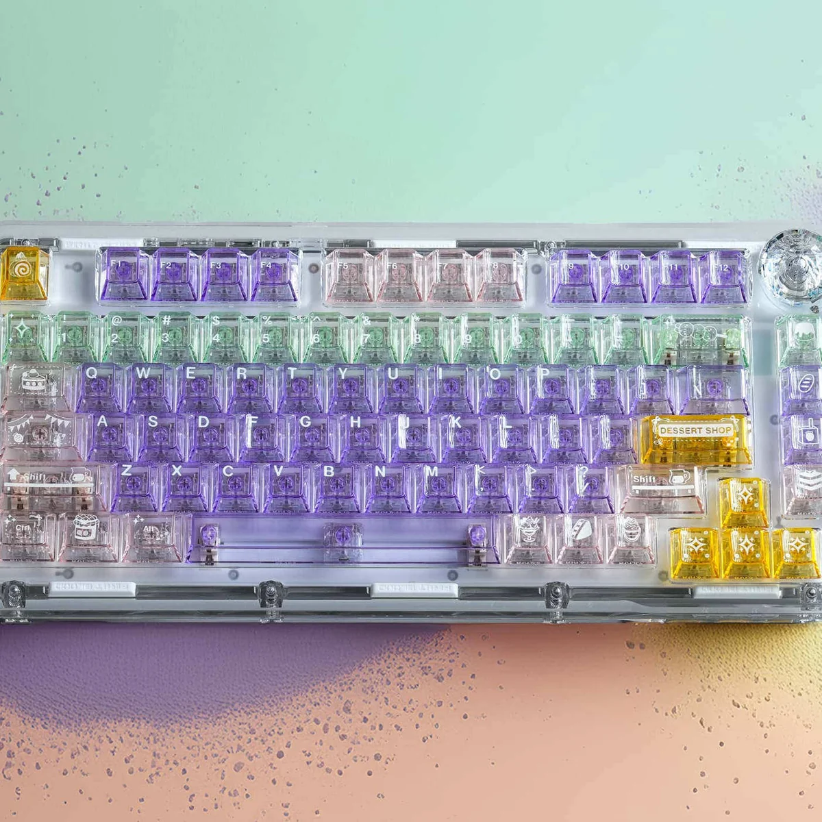 Playful jelly dessert keycaps set, transparent and glowing RGB, shown from various angles. These sweet, vibrant keycaps enhance any keyboard.