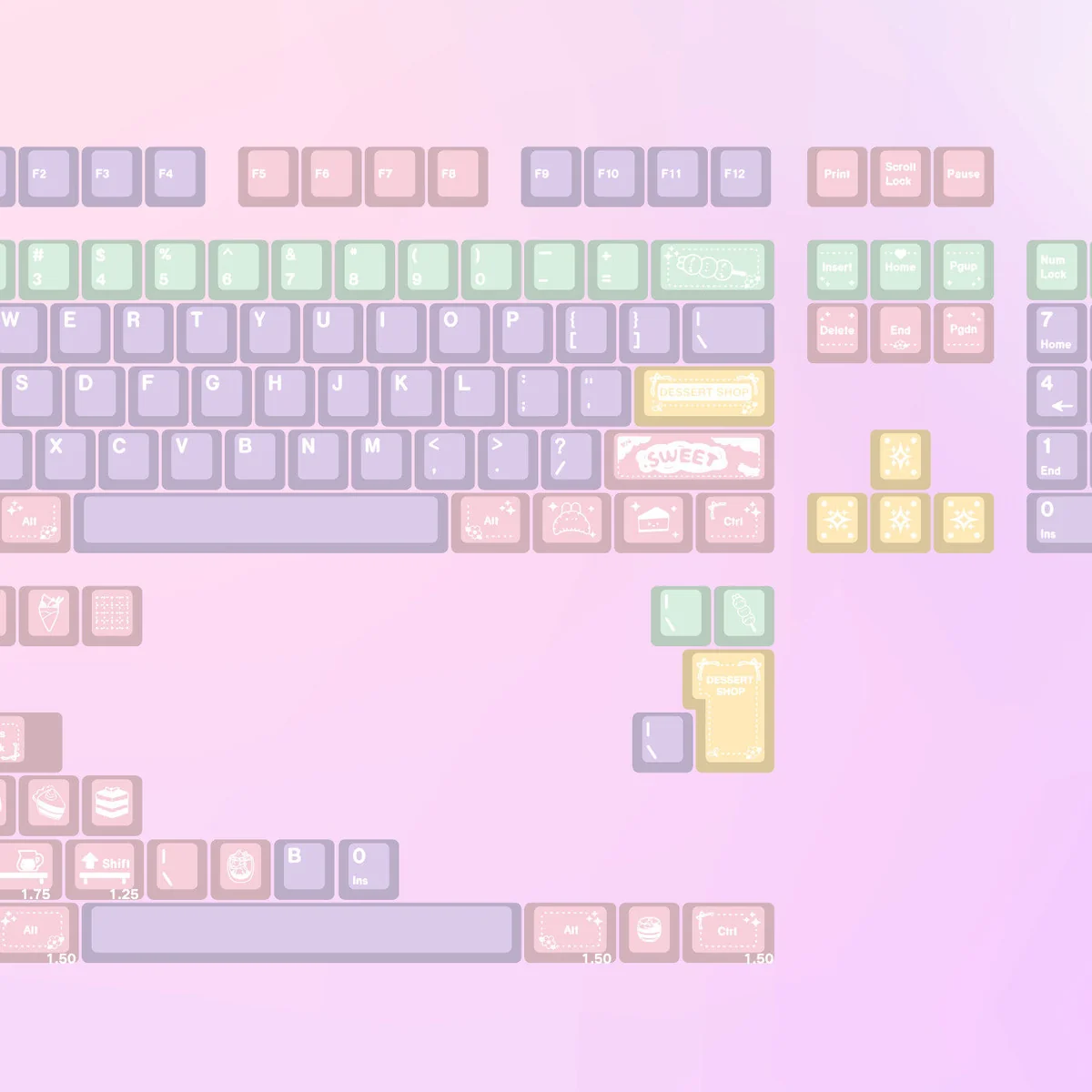 Vibrant jelly dessert transparent RGB keycaps set from various angles, showcasing their playful, translucent, and delicious-looking aesthetic.