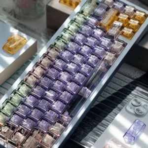 Playful Jelly Dessert Transparent RGB Keycaps set, vibrant and translucent, captures a sweet, jelly-like aesthetic.