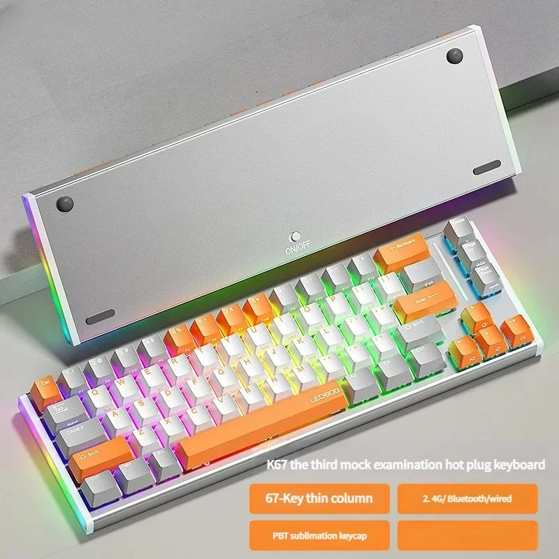 Gallery of K67 Tri-Mode Custom Mechanical Keyboard showcasing mythical, floral, and industrial designs. Highlights customizable features and smooth touch.