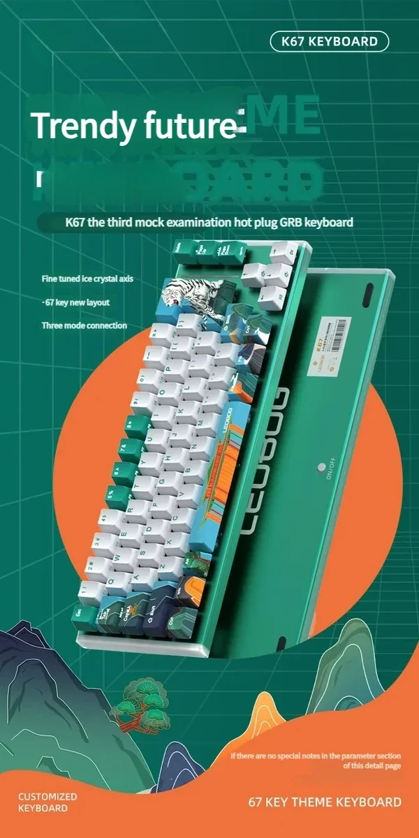K67 Tri-Mode Custom Mechanical Keyboards in mythical, floral, and industrial designs, customizable with smooth linear switches.