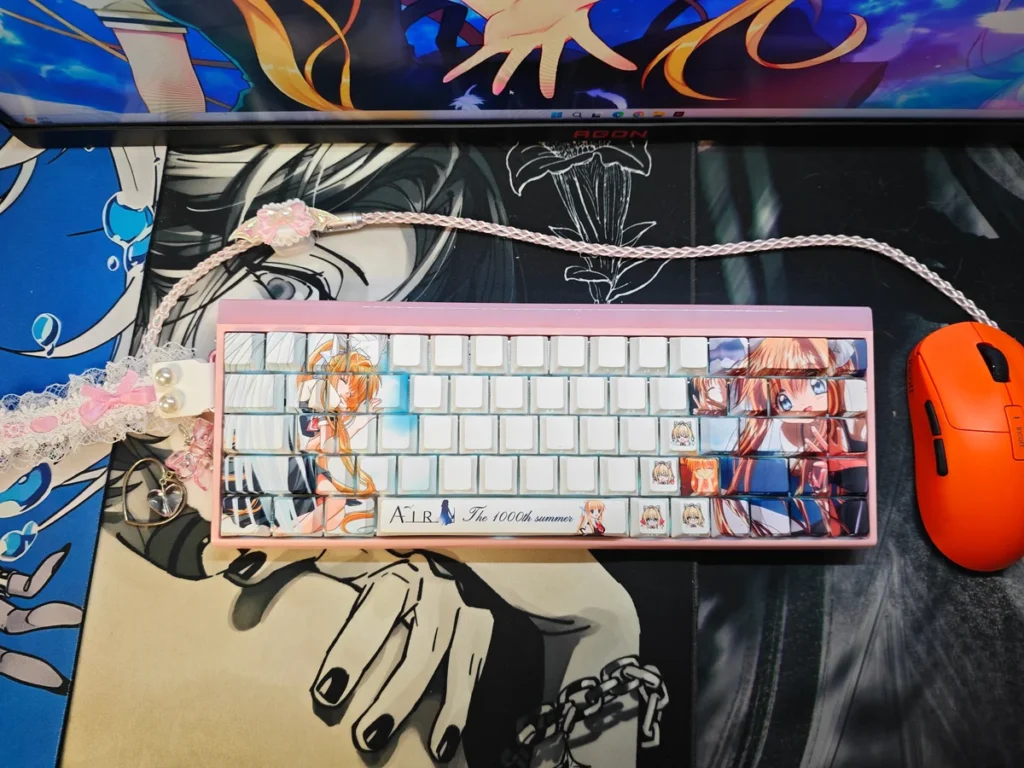 Artistic close-ups of Kamio Misuzu AIR side-print backlit PBT keycaps set, beautifully showcasing the serene anime designs and glowing legends from different view.