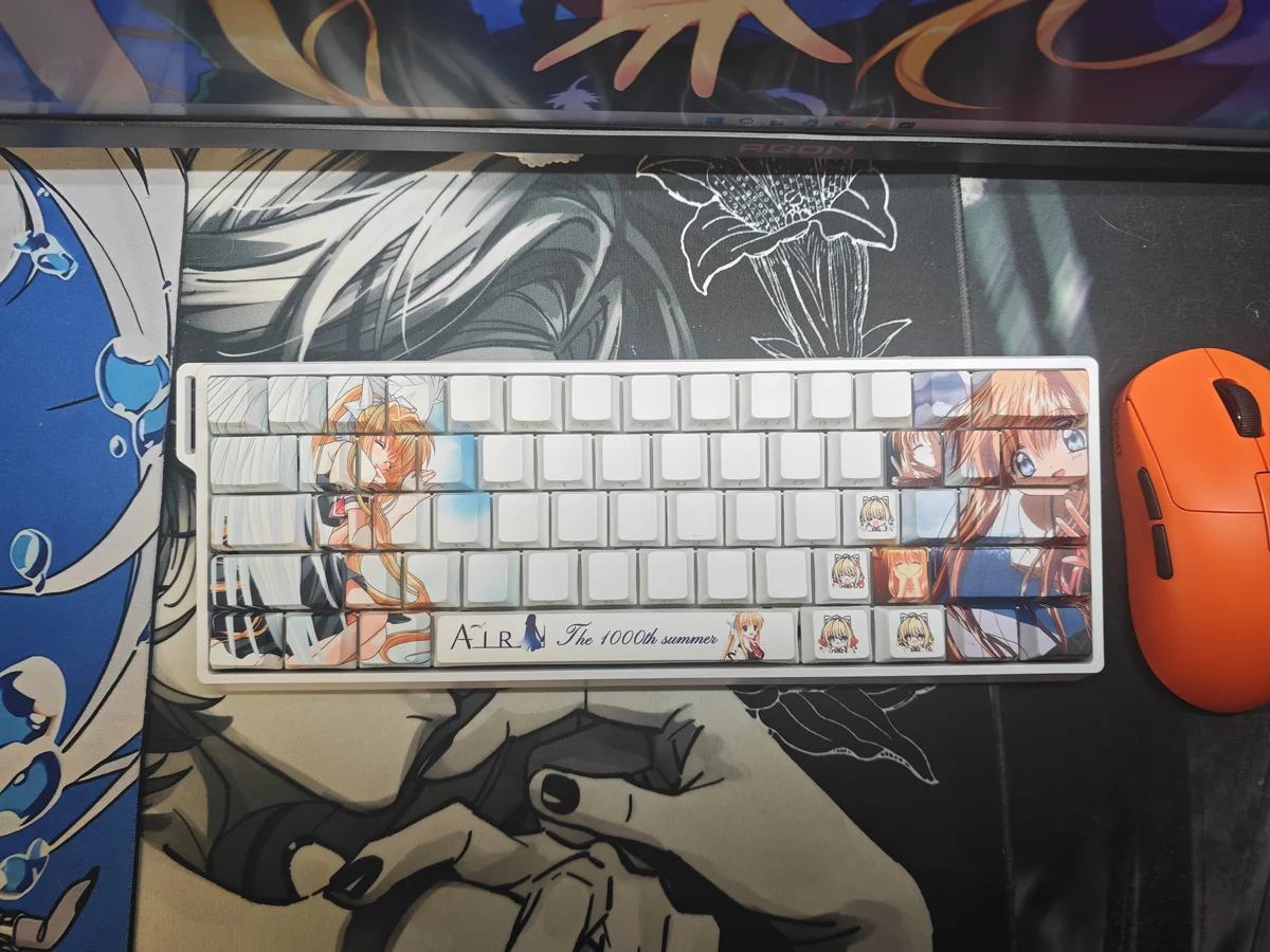 Close-up of Kamio Misuzu AIR PBT keycaps set, showcasing the elegant side-printed legends and gentle backlighting, capturing the anime's serene aesthetic.