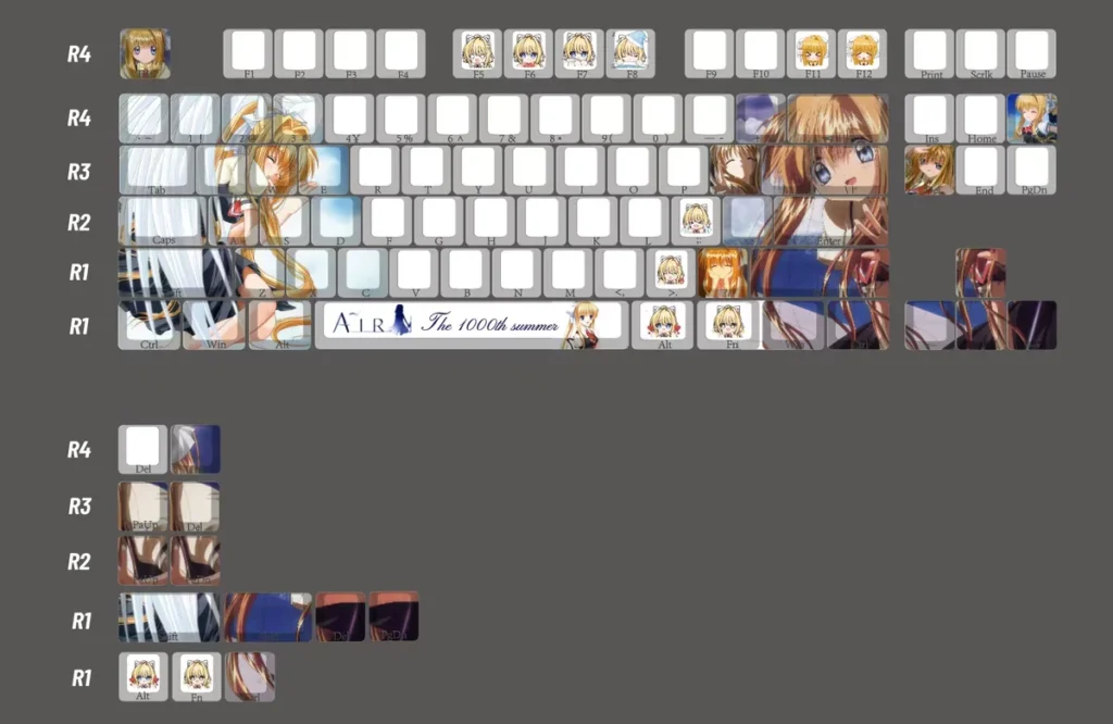 Kamio Misuzu AIR side-print PBT keycaps set, showing their unique backlit legends and artistic anime design with serene skies and gentle wings.
