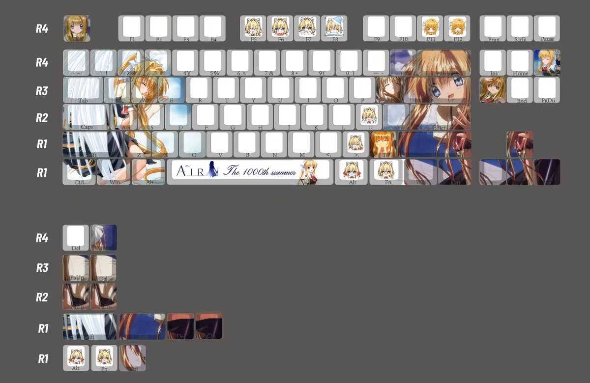 Kamio Misuzu AIR side-print PBT keycaps set, showing their unique backlit legends and artistic anime design with serene skies and gentle wings.