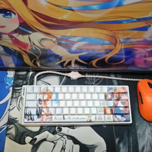 Kamio Misuzu AIR side-print backlit PBT keycaps set on a keyboard, featuring serene anime designs and a gentle glow.